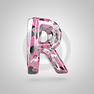 Camouflage letter R uppercase with pink, grey, black and white camouflage pattern isolated on white background.