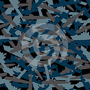 Camouflage made by 3 types of warships outline in blue tone seamless pattern vector. submarine, frigate, amphibious ship camouflag