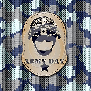 Camouflage military logo army. Knitting khaki pattern. War stamp, label, sign. Abstract background. Greeting card. Vector