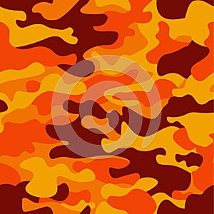 Camouflage pattern background. Classic clothing style masking camo repeat print. Fire orange brown yellow colors forest