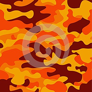 Camouflage pattern background. Classic clothing style masking camo repeat print. Fire orange brown yellow colors forest