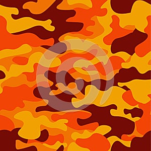 Camouflage pattern background. Classic clothing style masking camo repeat print. Fire orange brown yellow colors forest