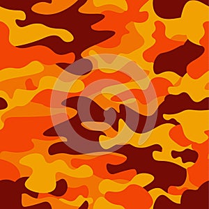 Camouflage pattern background. Classic clothing style masking camo repeat print. Fire orange brown yellow colors forest