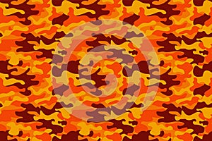 Camouflage pattern background. Classic clothing style masking camo repeat print. Fire orange brown yellow colors forest texture. D