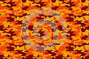 Camouflage pattern background. Classic clothing style masking camo repeat print. Fire orange brown yellow colors forest texture. D