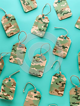 Camouflage Pattern Tags on Turquoise Background for Military Concept, Sale Tags, Price Labels, and Gift Tags