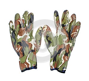 Camouflage rubberized gloves on a white background.Camouflage gloves background