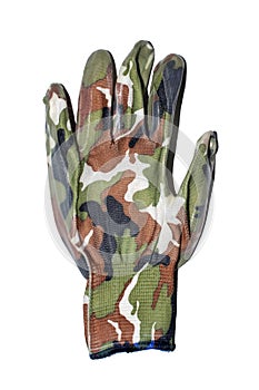 Camouflage rubberized gloves on a white background.Camouflage gloves background