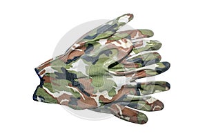 Camouflage rubberized gloves on a white background.Camouflage gloves background