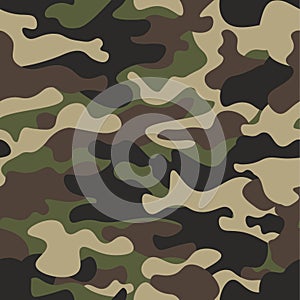 Camouflage seamless pattern background. Classic clothing style masking camo repeat print. Green brown black olive colors