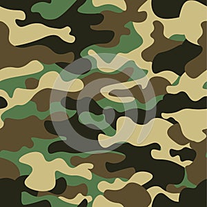 Camouflage seamless pattern background. Classic clothing style masking camo repeat print. Green brown black olive colors