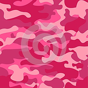 Camouflage seamless pattern background. Classic clothing style masking camo repeat print. Pink orchid rose ruby colors