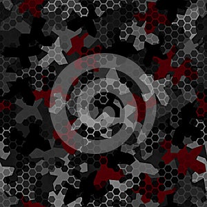 Camouflage seamless pattern with hexagonal geometric ornament in dark grey