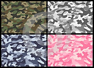 Camouflage seamless pattern set. Vector illustration repeat print. Khaki gray pink blue green texture army hunting