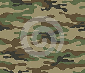 Camouflage seamless pattern. Trendy style camo, repeat print. Vector illustration. Khaki texture, military army green hunting