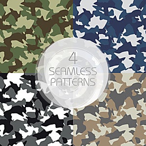 Camouflage seamless patterns set. Green, brown, olive colors forest texture, navy, winter military colors