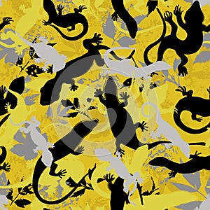 Camouflage seamless texture with yellow, gray and black lizards and leaves