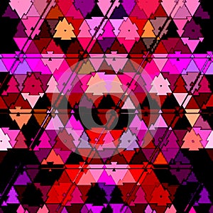 Camouflage triangle continuous pattern in shining pink, red, grenadine colors, disco effect of 80s