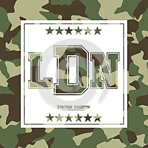 Camouflage typography for clothes with lettering London, fashion, LDN. Typography for t-shirt photo
