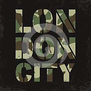 Camouflage typography for t-shirt print. London, varsity, athletic t-shirt graphics