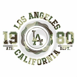 Camouflage typography for t-shirt print. Los Angeles, varsity, athletic t-shirt graphics