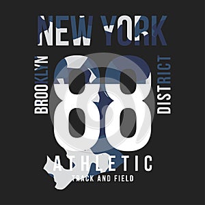 Camouflage typography for t-shirt print. New York, varsity, athletic t-shirt graphics