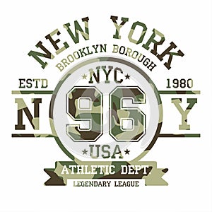 Camouflage typography for t-shirt print. New York, varsity, athletic t-shirt graphics