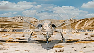 Camouflaged drone on desert airstrip under blue sky