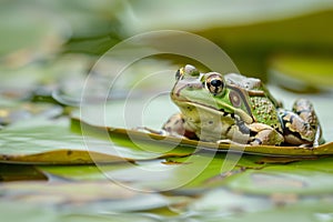 camouflaged frog on a green lily pad with eyes wide