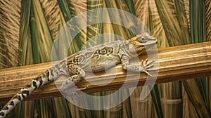 Camouflaged lizard on bamboo background