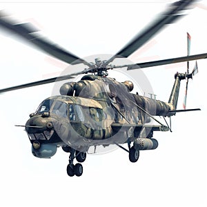 Camouflaged Military Helicopter in Flight