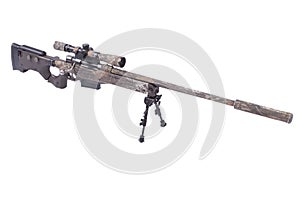 Camouflaged sniper rifle with scope