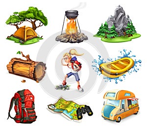 Camp and adventure, vector icons set