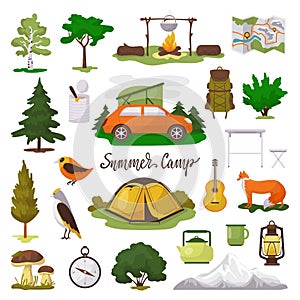 Camp adventure vector illustration icons set, cartoon flat tourist camping equipment, map, tent and campfire isolated on