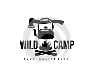 Camp, camping, ax, kettle and bonfire with fire, logo design. Hiking, adventure, survival and tourism, vector design