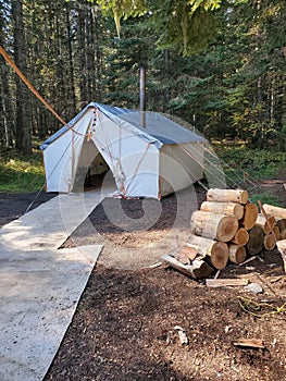 Camp canvas tent and wood pile.