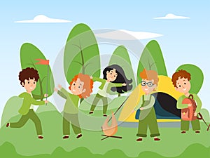 Camp for children vector illustration. Child cartoon character on summer camping adventure. Outdoor activity for kids.