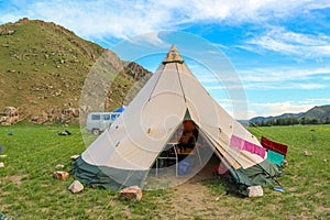 The camp cooking tent in Mongolia at sunset