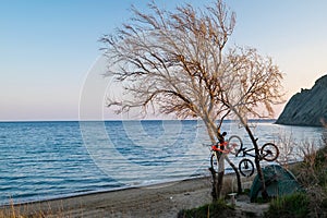 Camp of cyclists on the seashore
