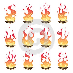 Camp fire animation. Outdoor fireplace hiking bonfire burn vector key frames