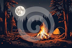 Camp fire or bonfire in the moonlight.