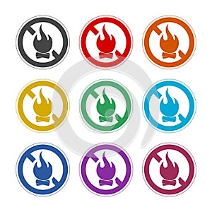 Camp Fire Burn Flame Ban Black Silhouette Icon. Set icons colorful