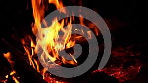 Camp fire closeup - roaring fire at night stock footage