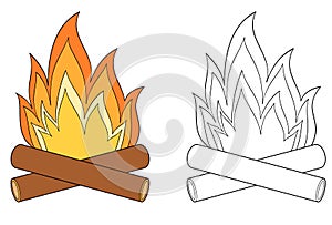 Camp fire colorful and black and white. Coloring book page for children. Bonfire vector illustration isolated on white background