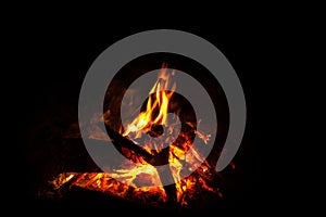 Camp fire in dark background, Fire from Burning wood