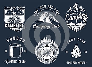 Camp fire, forest camping and explore wild nature