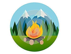 Camp fire in forest mountain flat icon pine tree jungle vector graphic