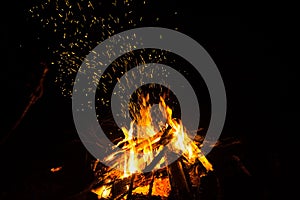 Camp fire with sparks in night