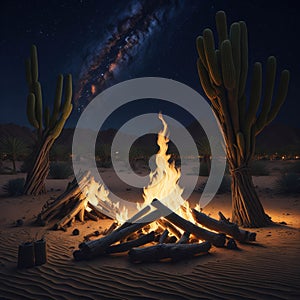 Camp Fire With Wooden Logs and Stones, Holiday Vacation Concept, Resort Hotel, Desert View, Generative AI