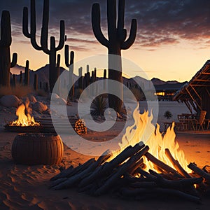 Camp Fire With Wooden Logs and Stones, Holiday Vacation Concept, Resort Hotel, Desert View, Generative AI